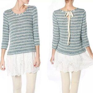 A'Reve Blue Stripe Knit Tunic Lace Hem, 3/4 Sleeve F13